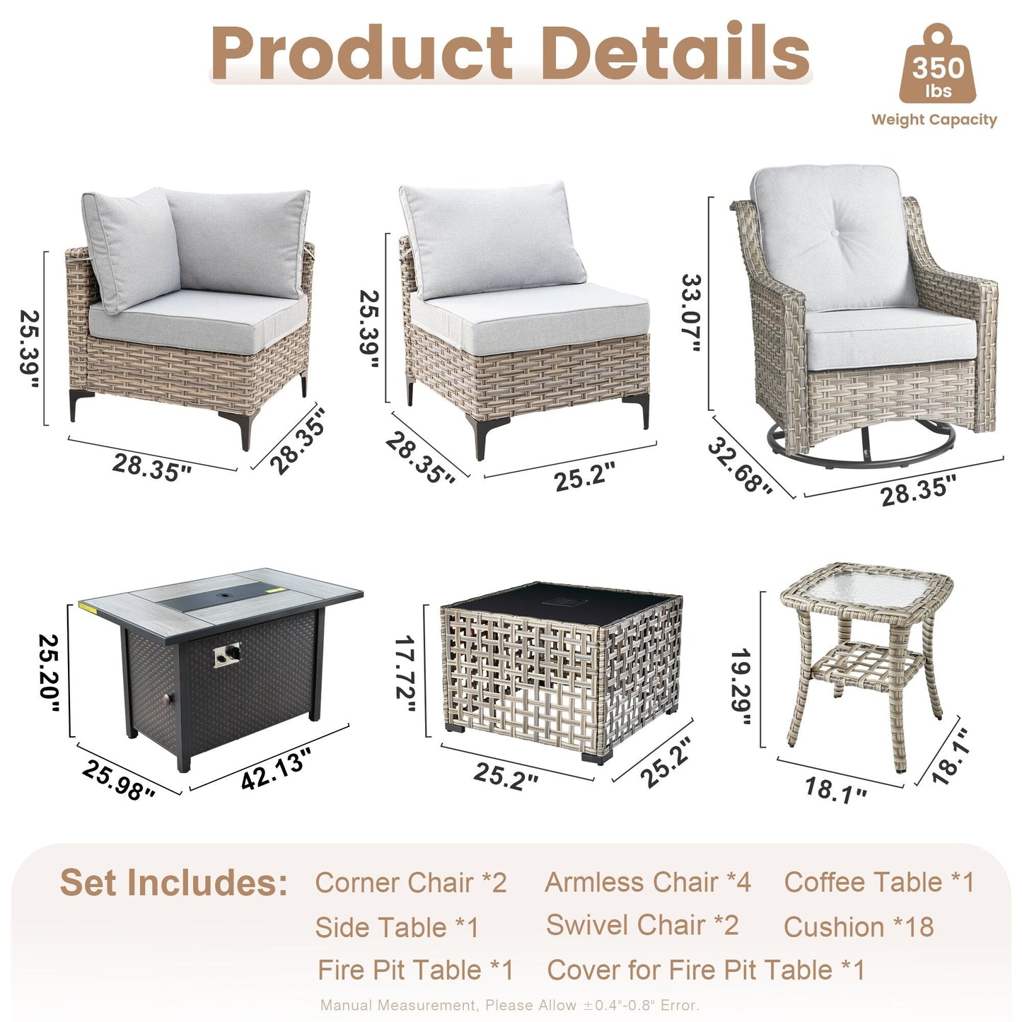 Set di mobili da giardino in rattan e vimini XIZZI da 11 pezzi con tavolo con braciere