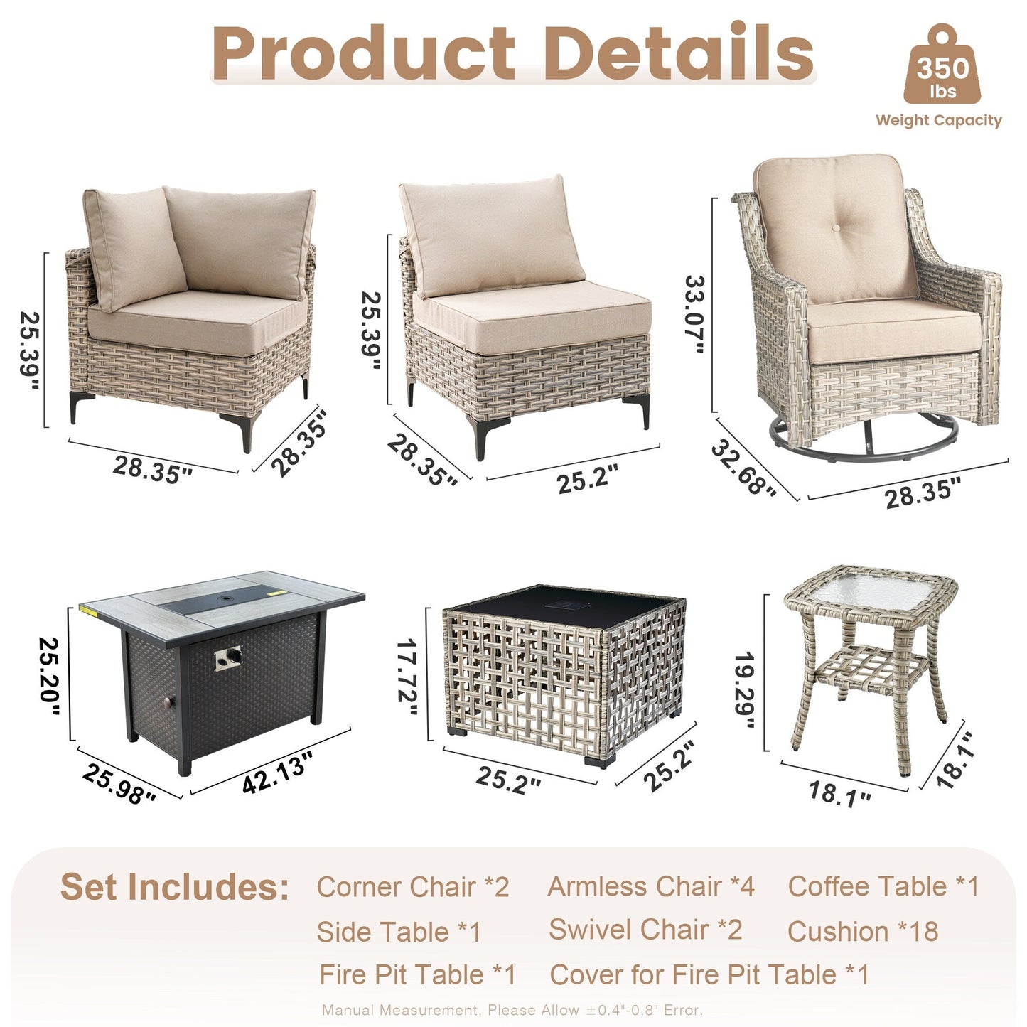 Set di mobili da giardino in rattan e vimini XIZZI da 11 pezzi con tavolo con braciere