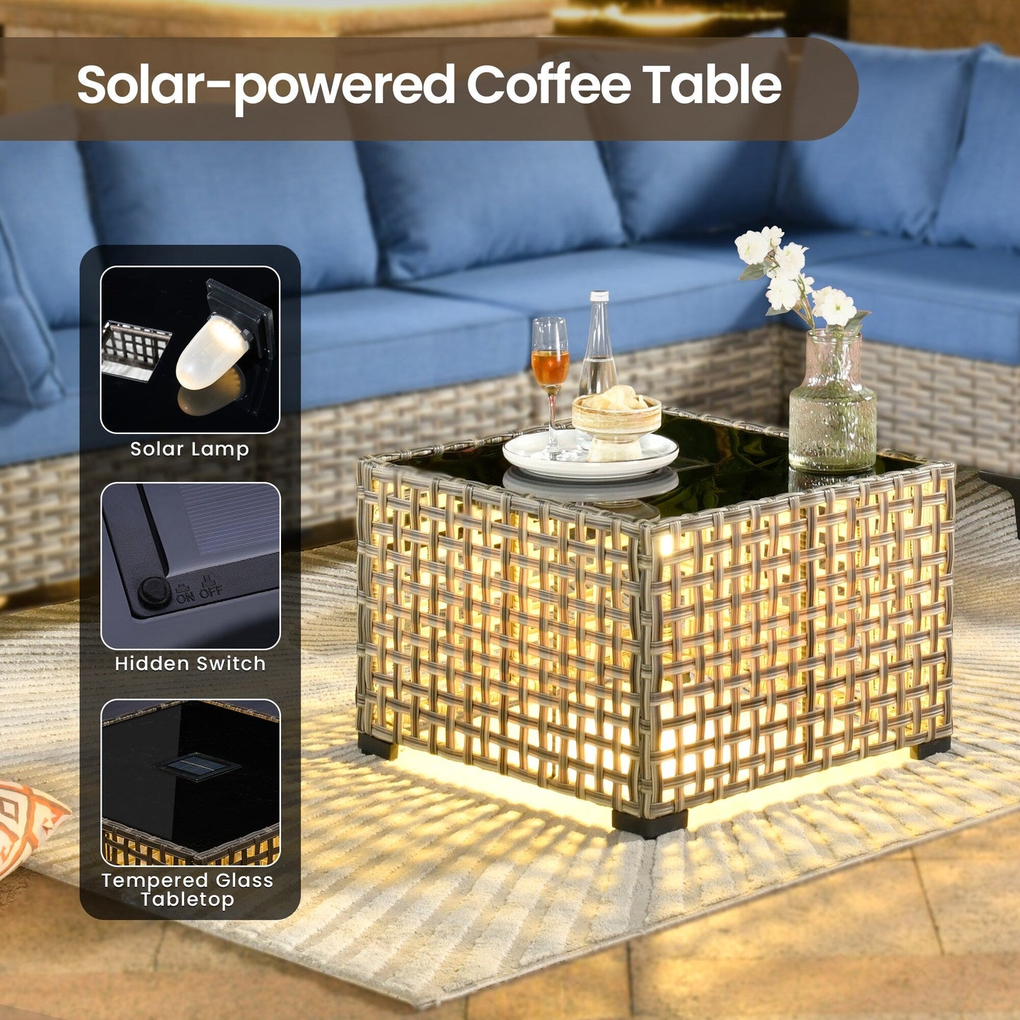 Set di mobili da giardino in rattan e vimini XIZZI da 11 pezzi con tavolo con braciere