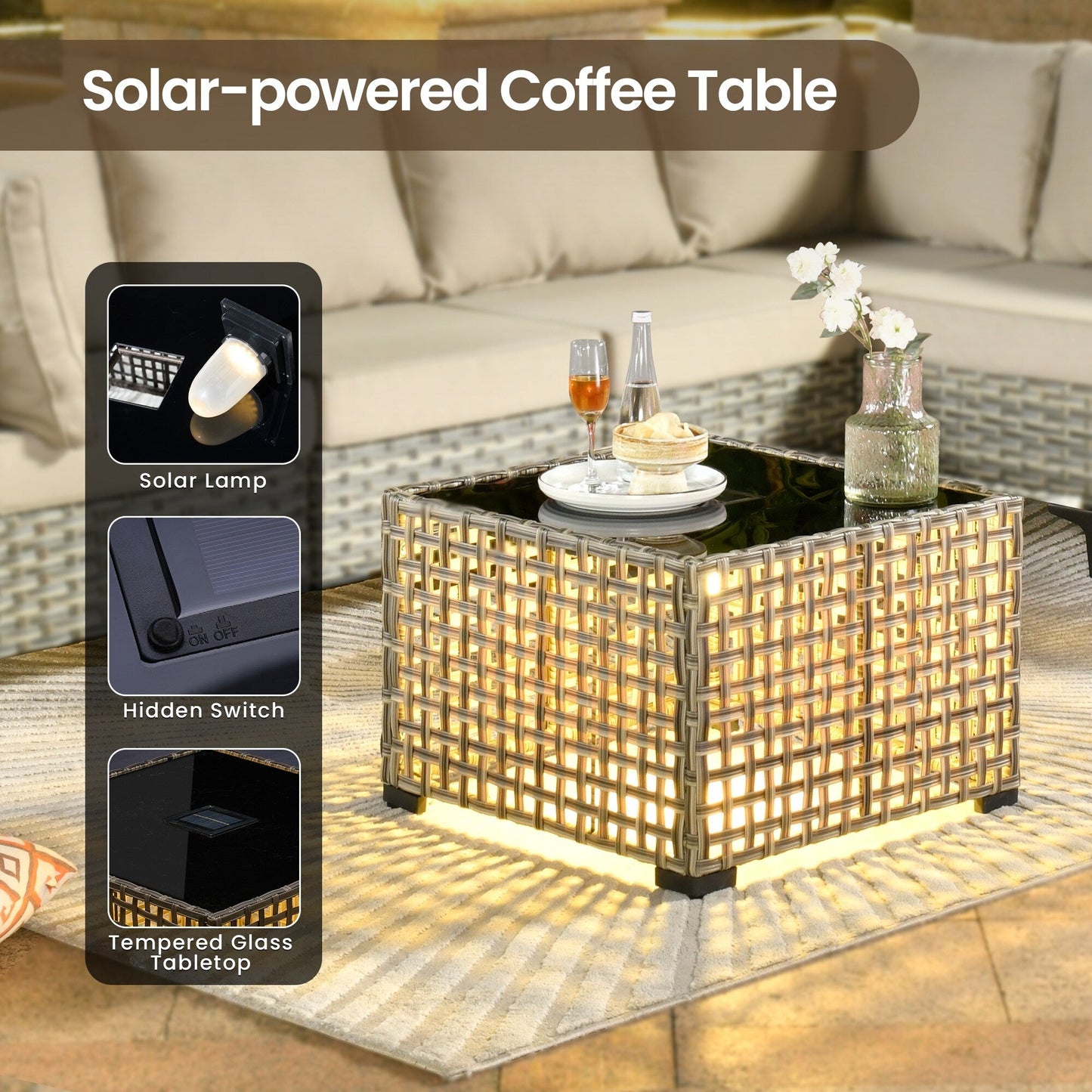 Set di mobili da giardino in rattan e vimini XIZZI da 11 pezzi con tavolo con braciere