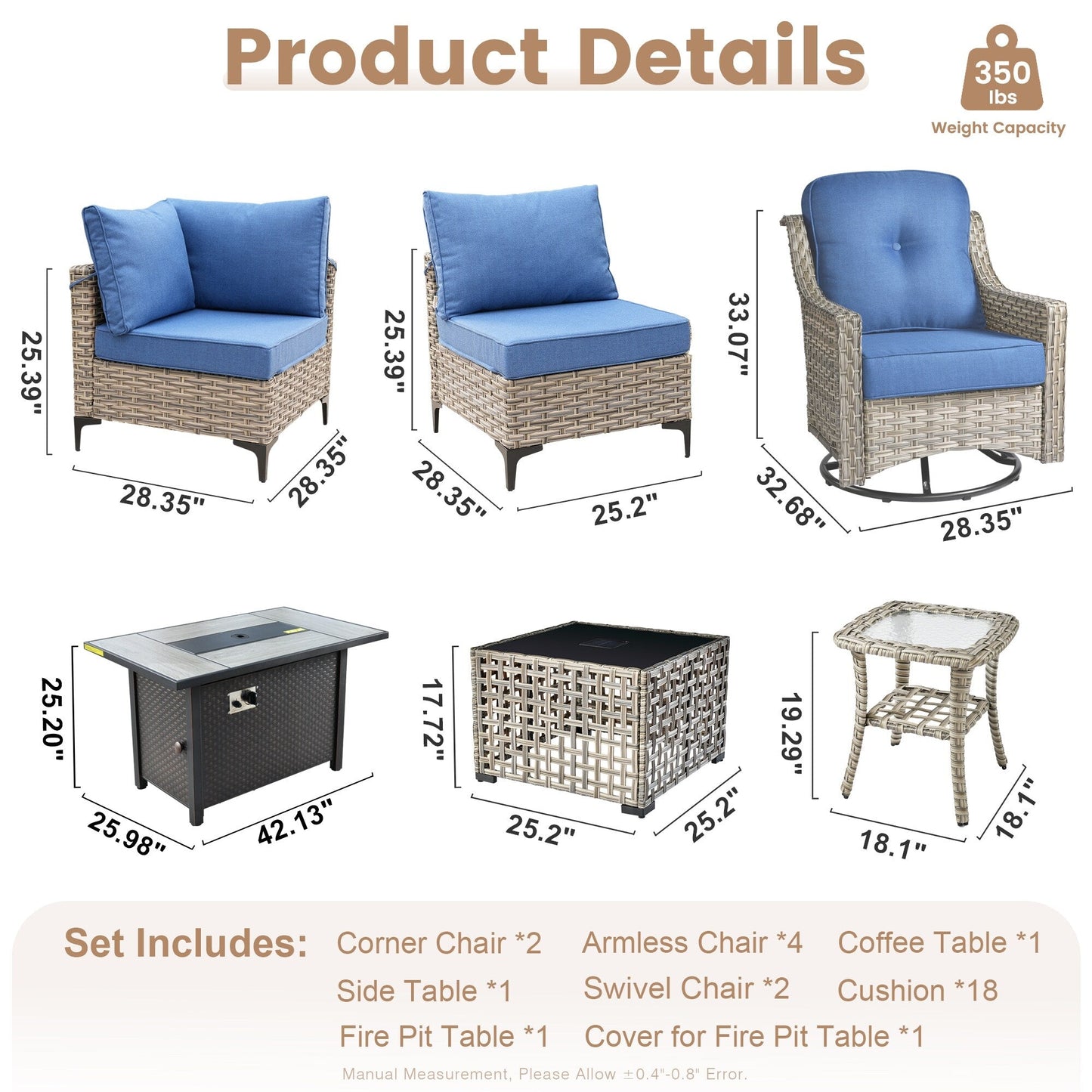 Set di mobili da giardino in rattan e vimini XIZZI da 11 pezzi con tavolo con braciere