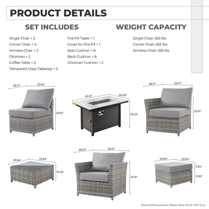 Set di mobili da esterno in vimini da 13 pezzi XIZZI con tavolo da fuoco