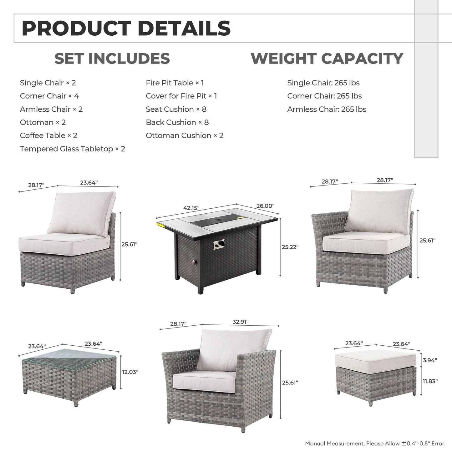Set di mobili da esterno in vimini da 13 pezzi XIZZI con tavolo da fuoco