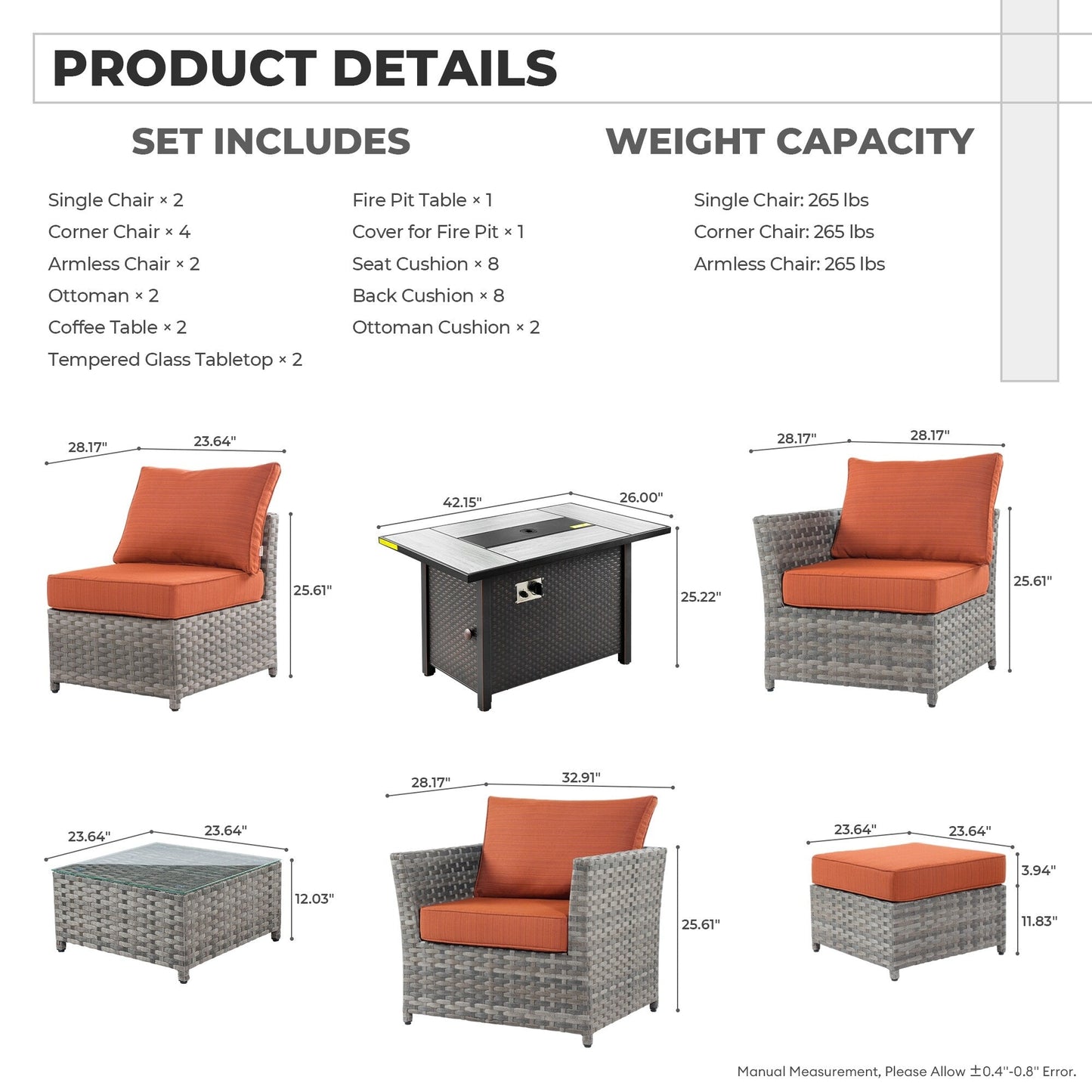 Set di mobili da esterno in vimini da 13 pezzi XIZZI con tavolo da fuoco