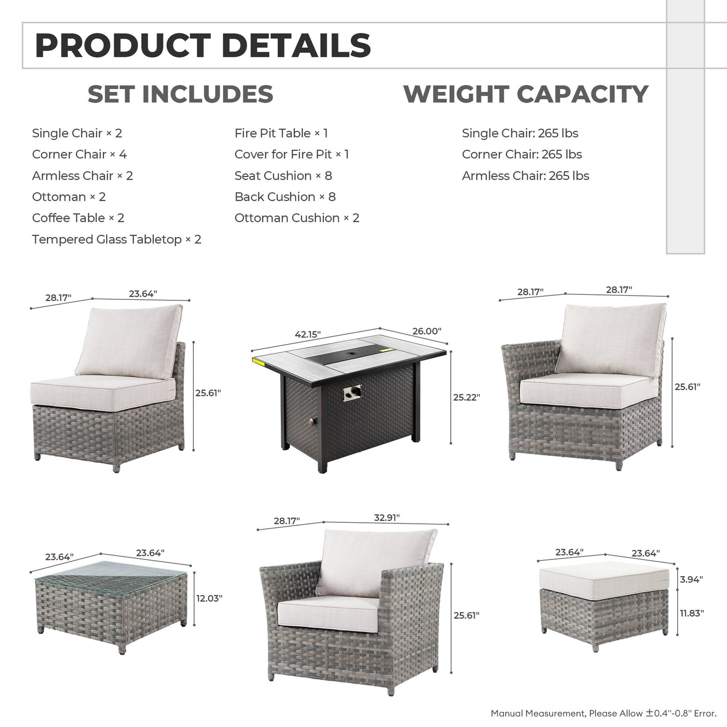 Set di mobili da esterno in vimini da 13 pezzi XIZZI con tavolo da fuoco