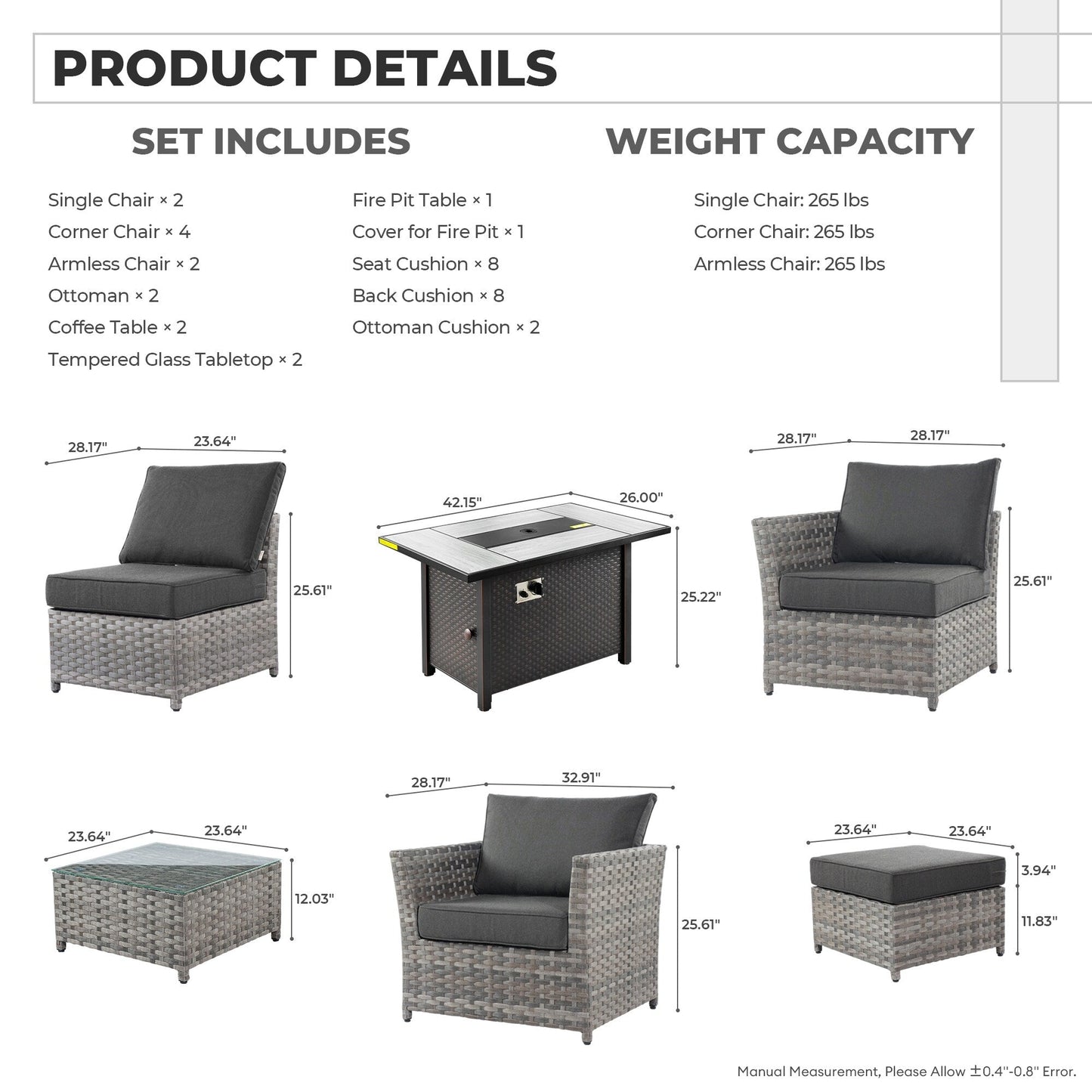 Set di mobili da esterno in vimini da 13 pezzi XIZZI con tavolo da fuoco
