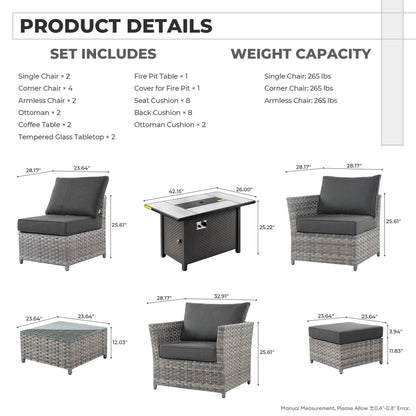 Set di mobili da esterno in vimini da 13 pezzi XIZZI con tavolo da fuoco