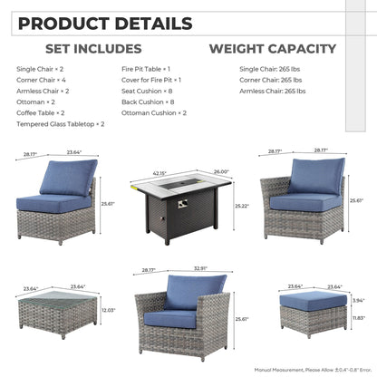 Set di mobili da esterno in vimini da 13 pezzi XIZZI con tavolo da fuoco
