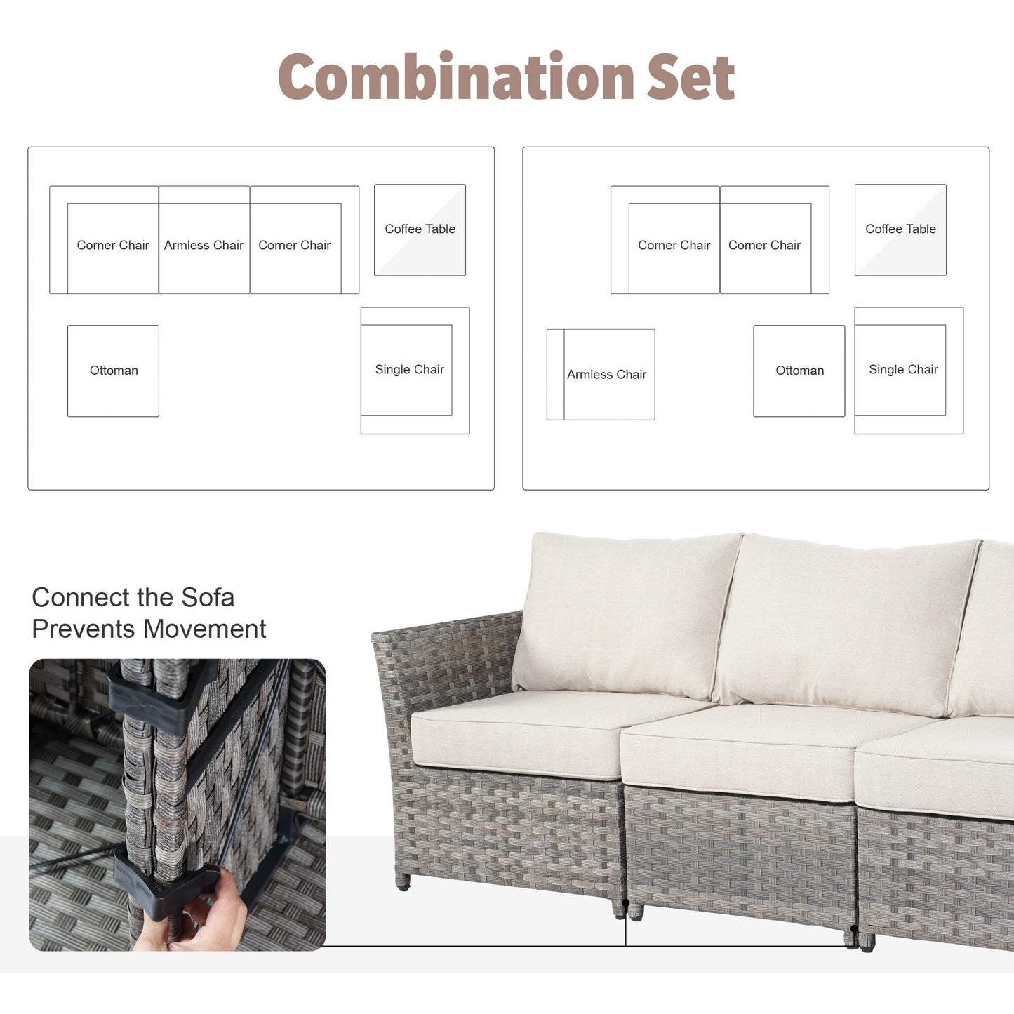 Set di mobili da esterno in vimini da 13 pezzi XIZZI con tavolo da fuoco