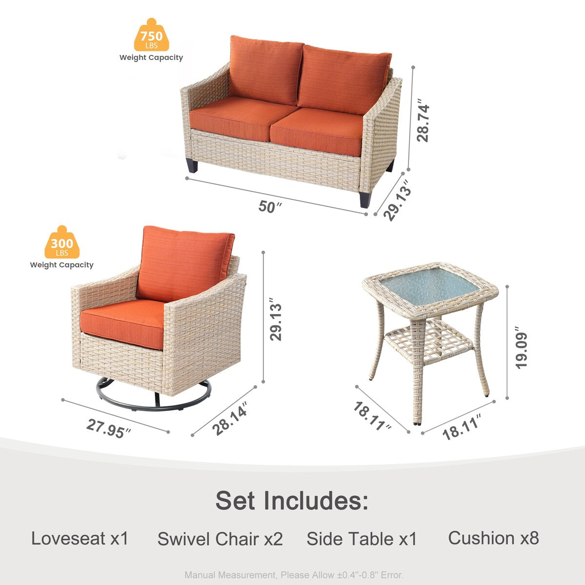 Set di 4 divani da giardino in vimini XIZZI con sedia girevole