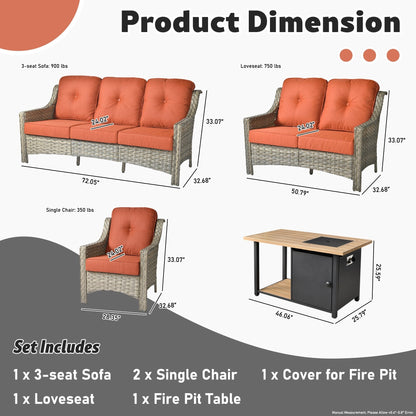 XIZZI Set di 5 divani da esterno in vimini con schienale alto e braciere per mobili da giardino