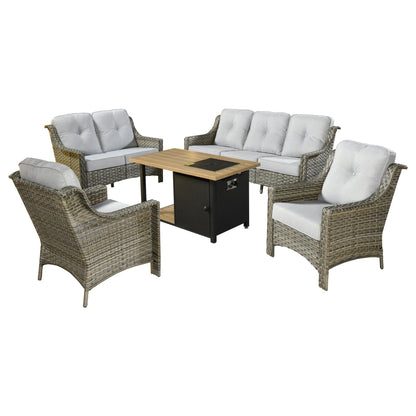 XIZZI Set di 5 divani da esterno in vimini con schienale alto e braciere per mobili da giardino