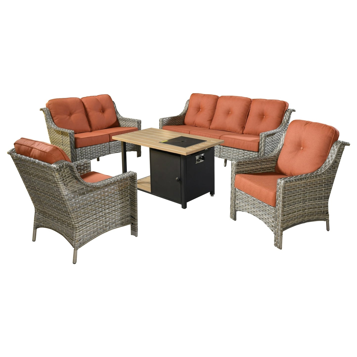 XIZZI Set di 5 divani da esterno in vimini con schienale alto e braciere per mobili da giardino