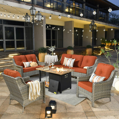 XIZZI Set di 5 divani da esterno in vimini con schienale alto e braciere per mobili da giardino