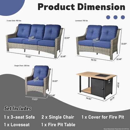XIZZI Set di 5 divani da esterno in vimini con schienale alto e braciere per mobili da giardino