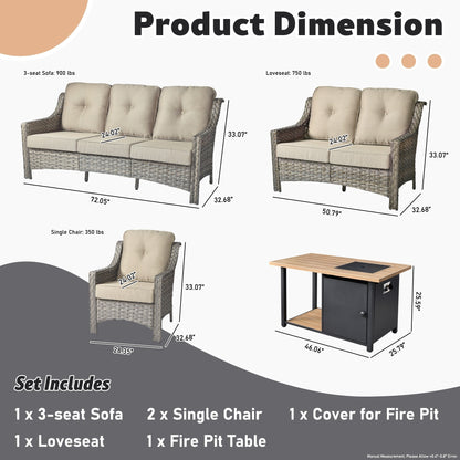 XIZZI Set di 5 divani da esterno in vimini con schienale alto e braciere per mobili da giardino