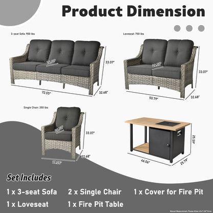 XIZZI Set di 5 divani da esterno in vimini con schienale alto e braciere per mobili da giardino