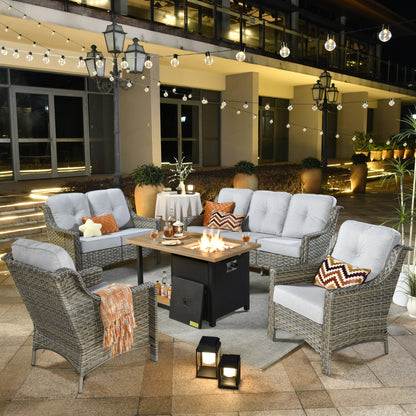 XIZZI Set di 5 divani da esterno in vimini con schienale alto e braciere per mobili da giardino