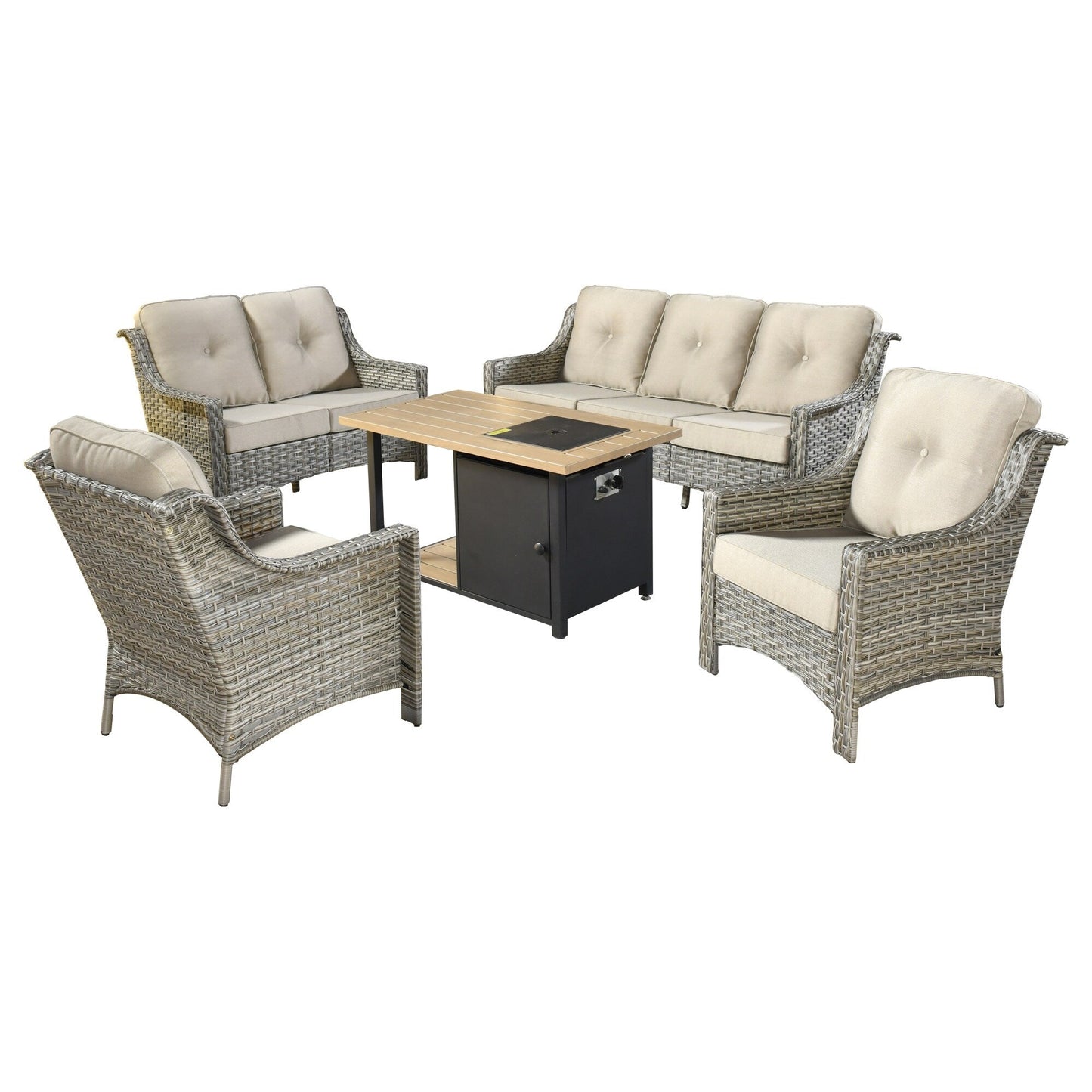 XIZZI Set di 5 divani da esterno in vimini con schienale alto e braciere per mobili da giardino