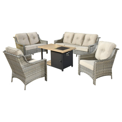 XIZZI Set di 5 divani da esterno in vimini con schienale alto e braciere per mobili da giardino