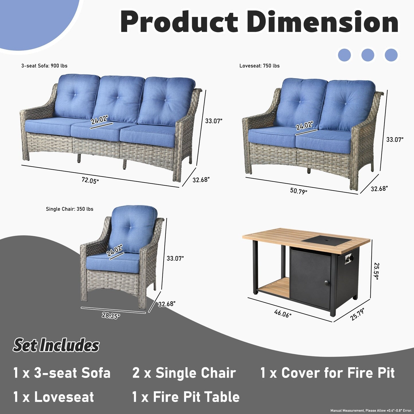 XIZZI Set di 5 divani da esterno in vimini con schienale alto e braciere per mobili da giardino