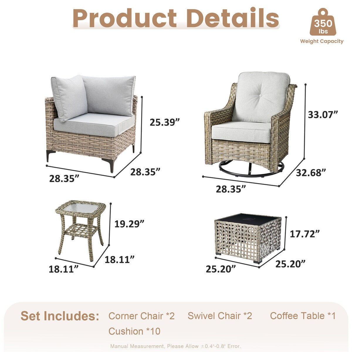 Set da conversazione in vimini da 6 pezzi per mobili da giardino XIZZI con sedia girevole