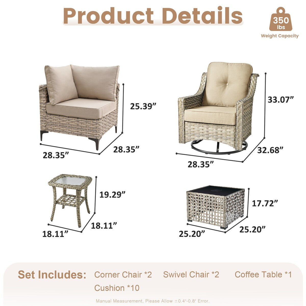 Set da conversazione in vimini da 6 pezzi per mobili da giardino XIZZI con sedia girevole