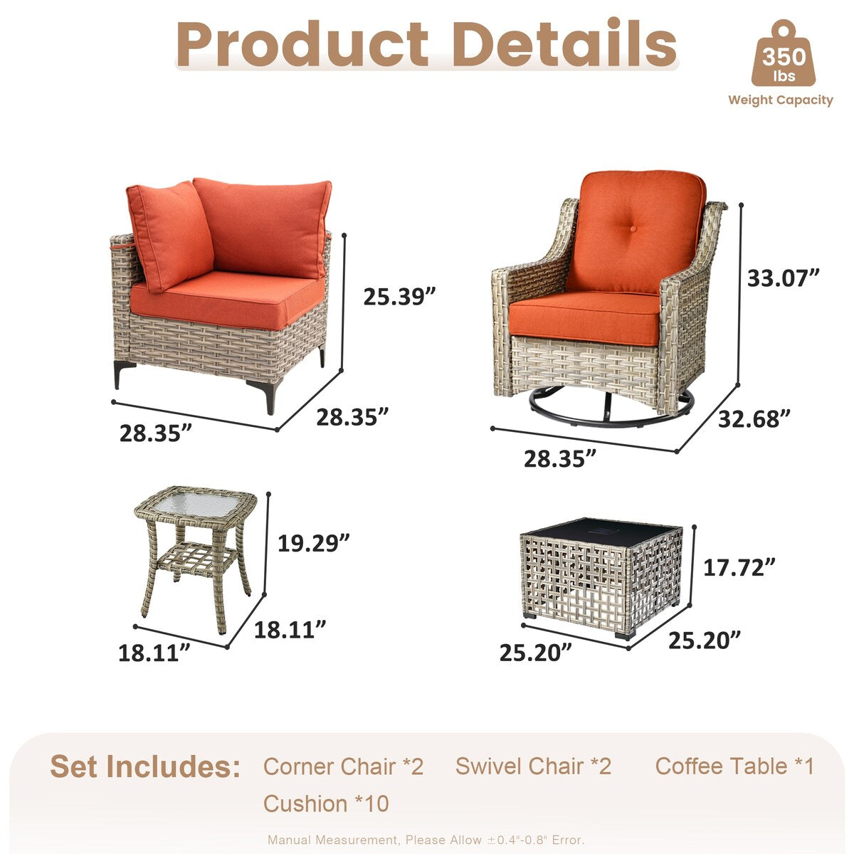 Set da conversazione in vimini da 6 pezzi per mobili da giardino XIZZI con sedia girevole