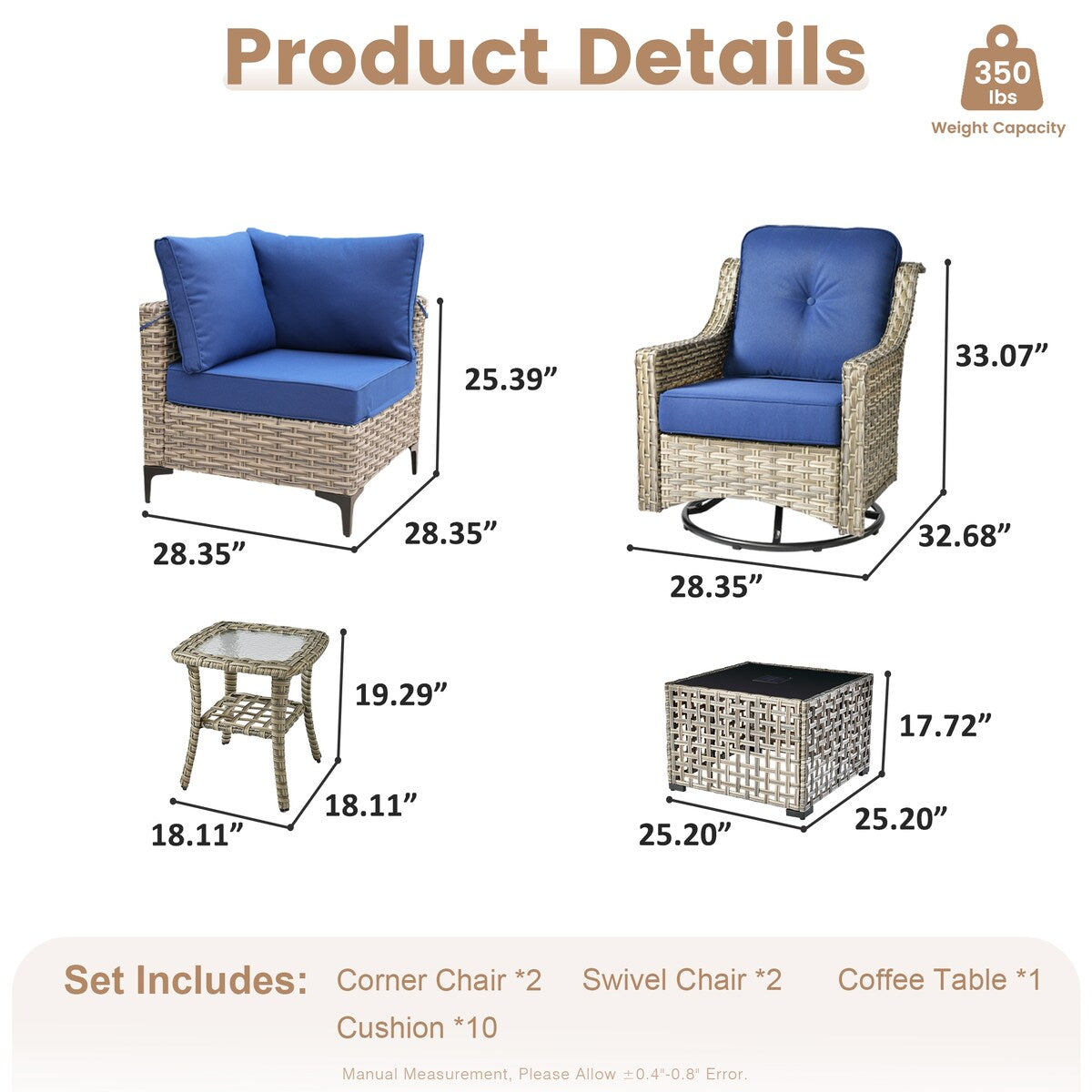 Set da conversazione in vimini da 6 pezzi per mobili da giardino XIZZI con sedia girevole