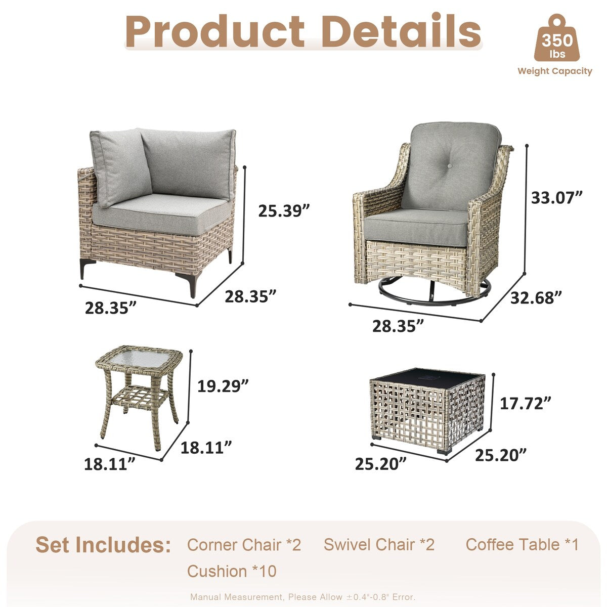 Set da conversazione in vimini da 6 pezzi per mobili da giardino XIZZI con sedia girevole