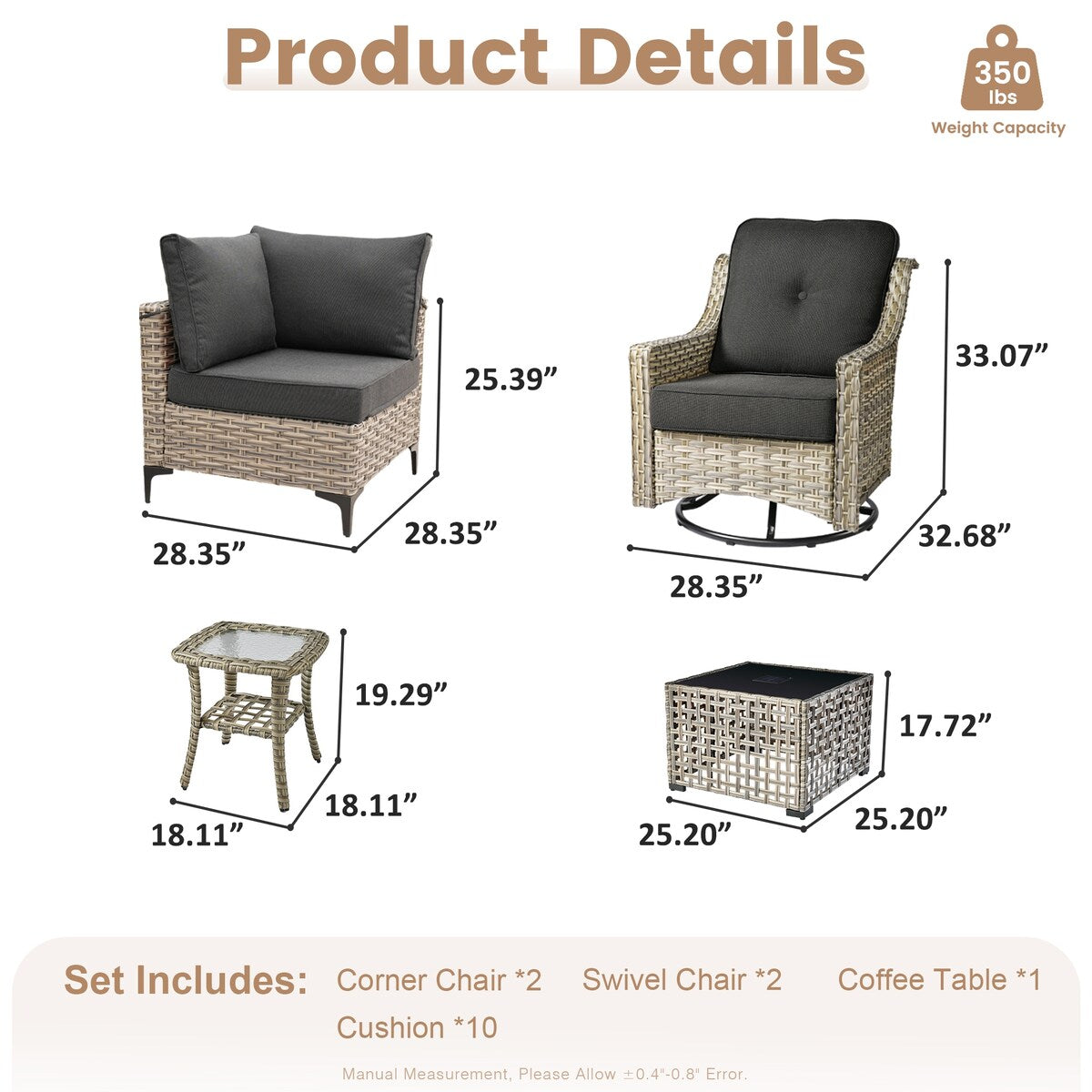 Set da conversazione in vimini da 6 pezzi per mobili da giardino XIZZI con sedia girevole