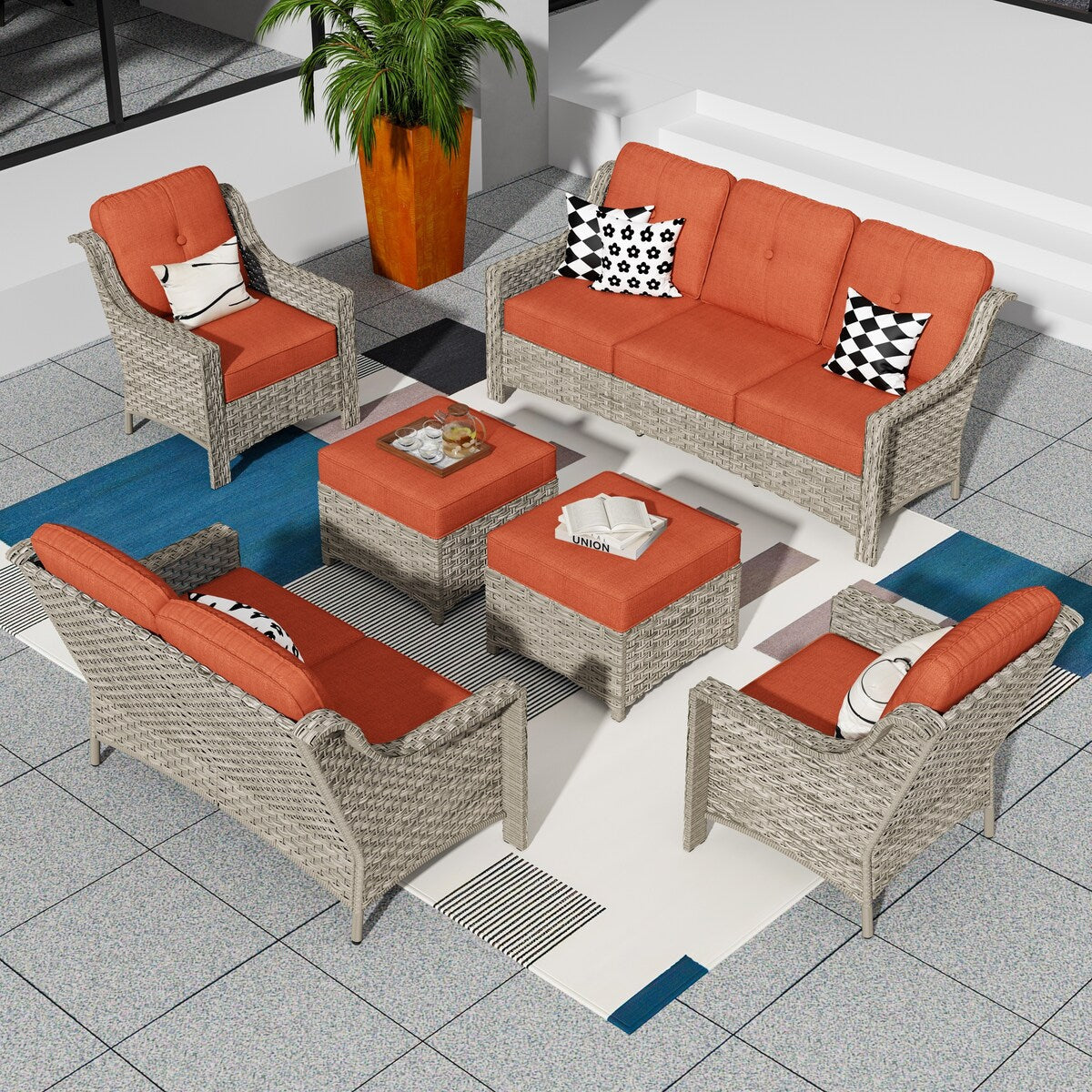 Set di divani da conversazione con seduta profonda per mobili da esterno in vimini da patio XIZZI da 6 pezzi