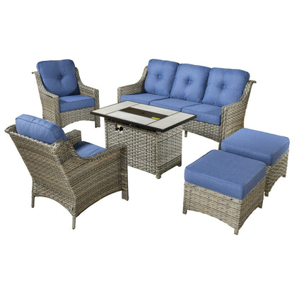 XIZZI Set di 6 divani da esterno in rattan e vimini con seduta profonda e braciere