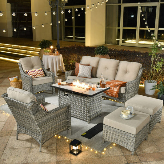 XIZZI Set di 6 divani da esterno in rattan e vimini con seduta profonda e braciere