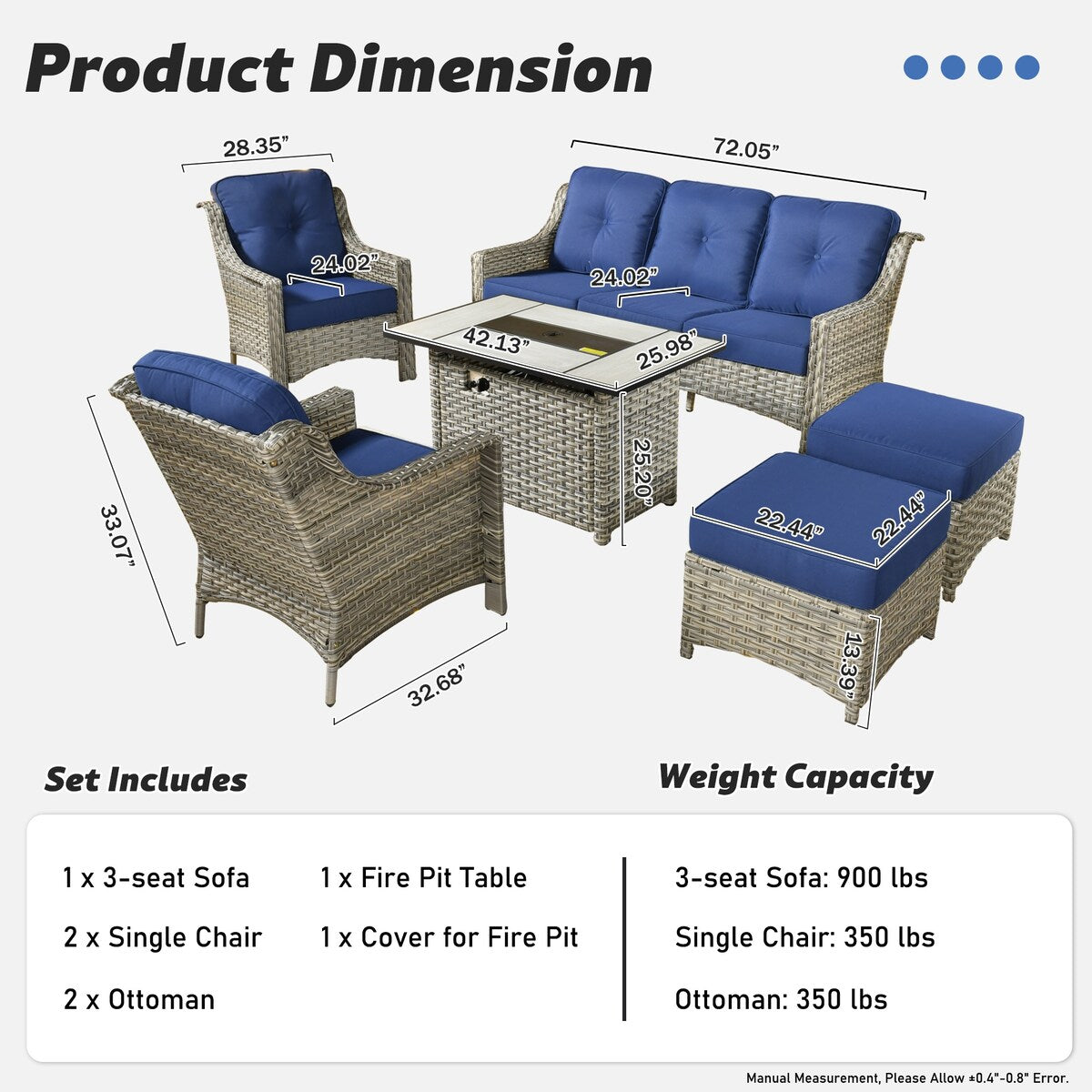 XIZZI Set di 6 divani da esterno in rattan e vimini con seduta profonda e braciere