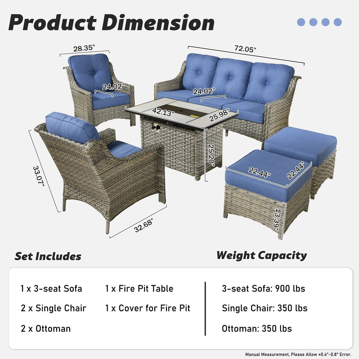 XIZZI Set di 6 divani da esterno in rattan e vimini con seduta profonda e braciere