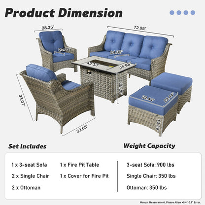 XIZZI Set di 6 divani da esterno in rattan e vimini con seduta profonda e braciere