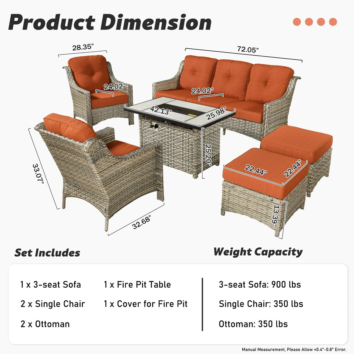 XIZZI Set di 6 divani da esterno in rattan e vimini con seduta profonda e braciere
