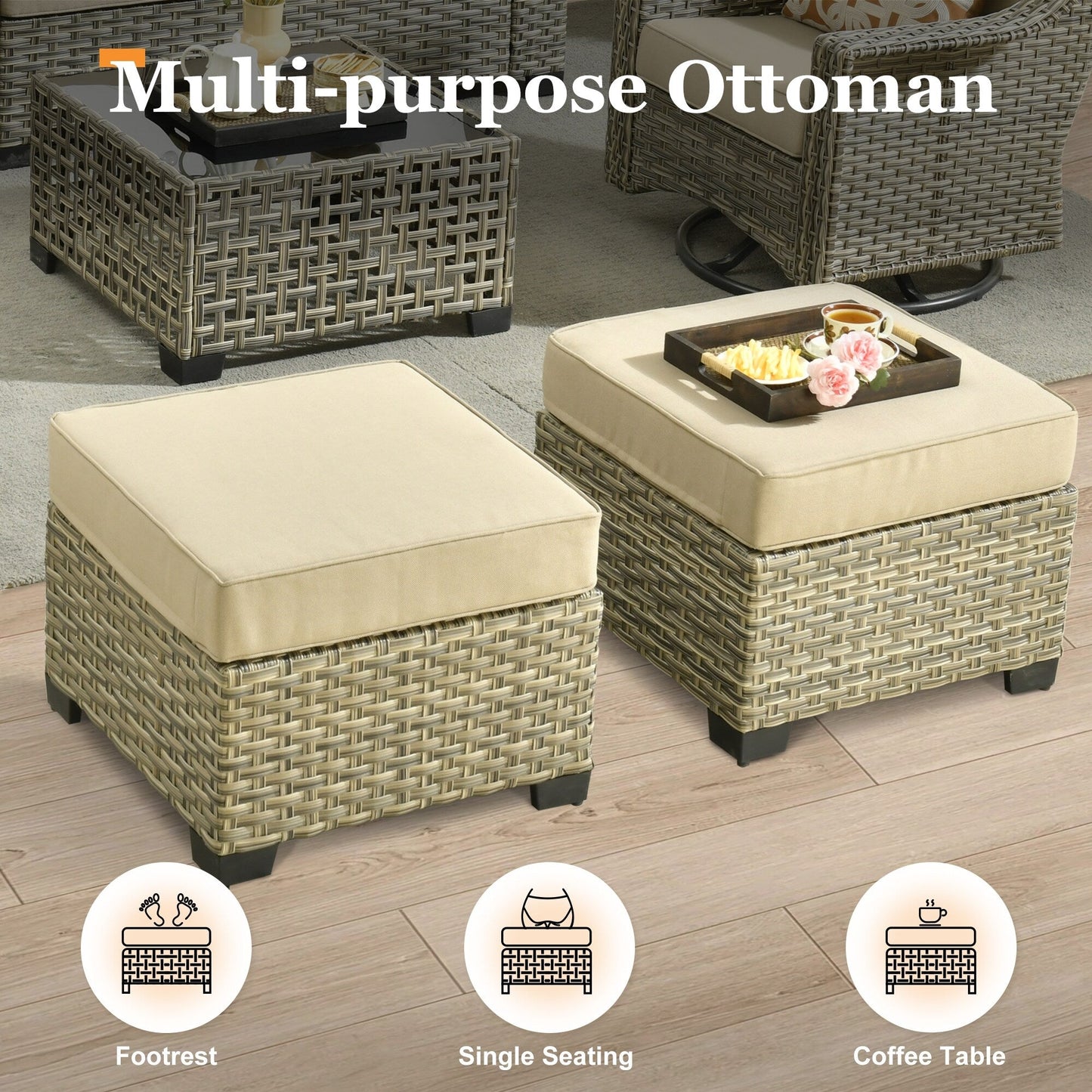 XIZZI Set di divani da conversazione con braccioli larghi e pouf da giardino, 7 pezzi