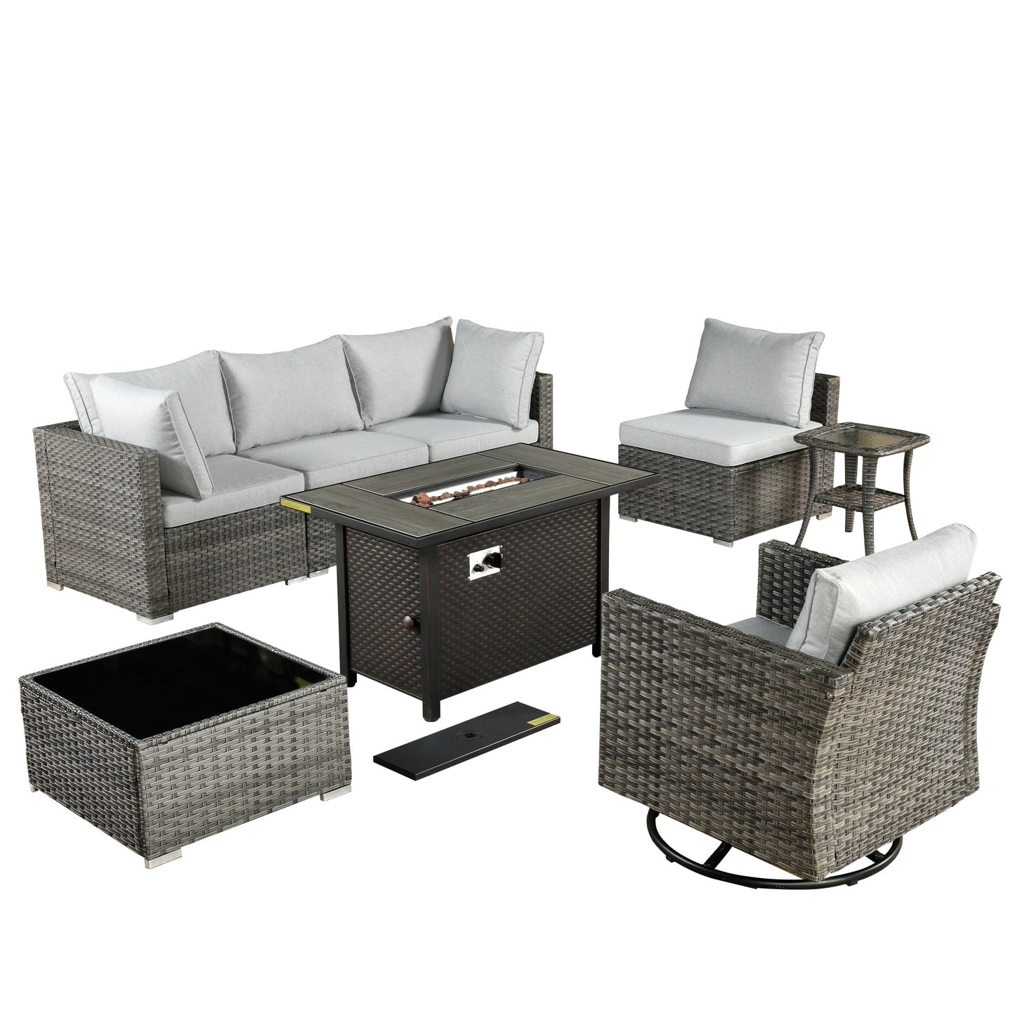 Set di 8 sedie girevoli per esterni in vimini da patio XIZZI con tavolo per braciere