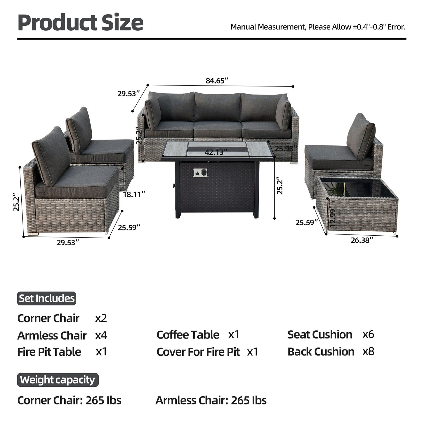 Set di mobili da giardino in vimini XIZZI da 8 pezzi con braciere