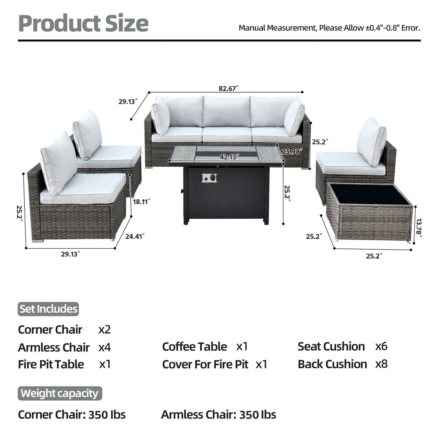 Set di mobili da giardino in vimini XIZZI da 8 pezzi con braciere
