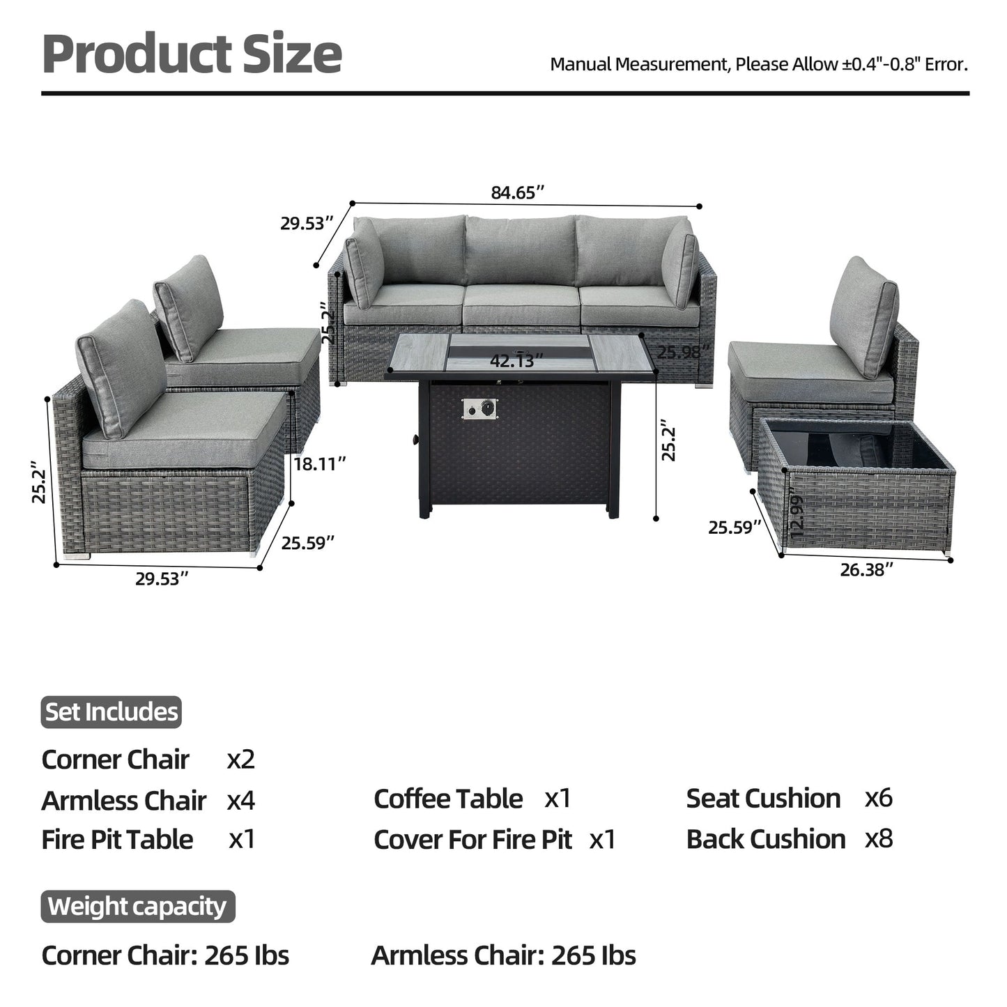 Set di mobili da giardino in vimini XIZZI da 8 pezzi con braciere