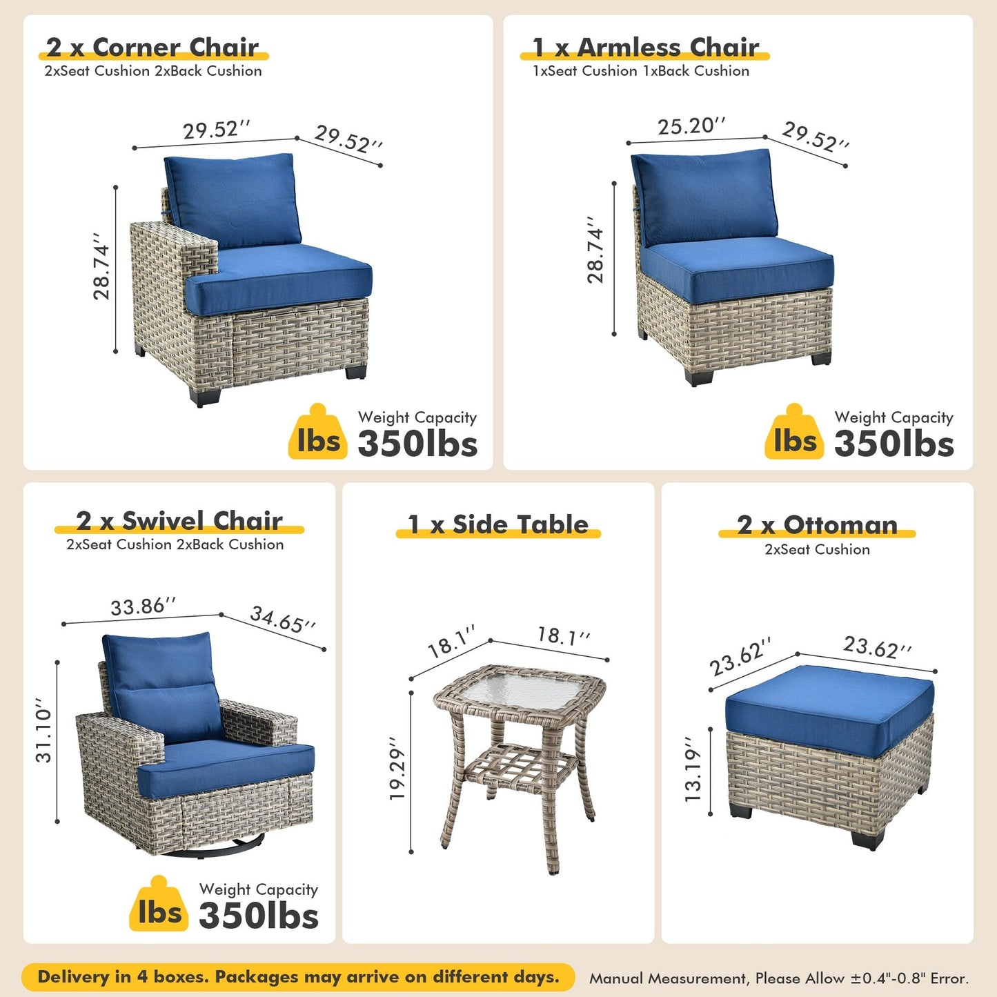 Set di mobili da giardino in vimini XIZZI da 8 pezzi con sedie girevoli
