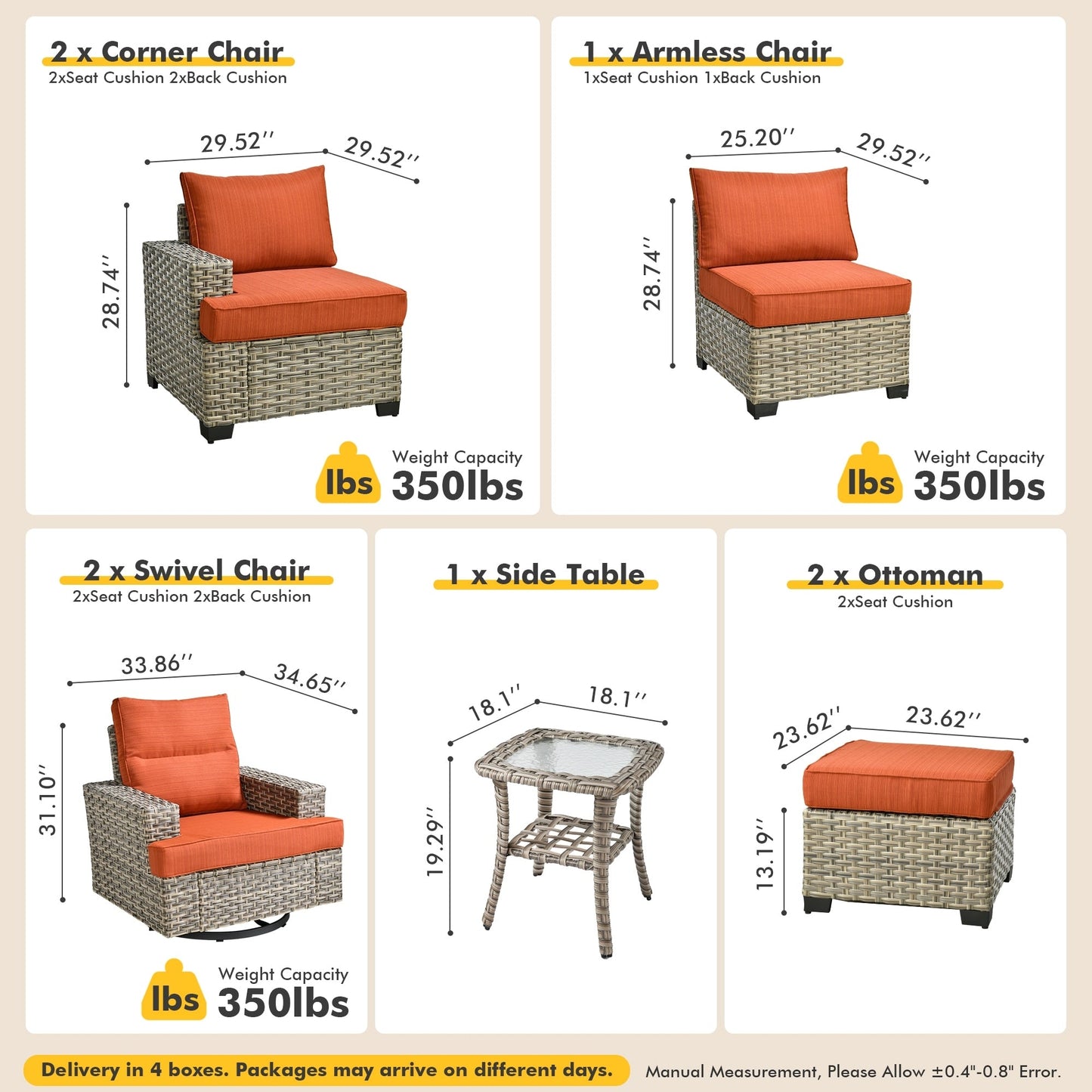 Set di mobili da giardino in vimini XIZZI da 8 pezzi con sedie girevoli