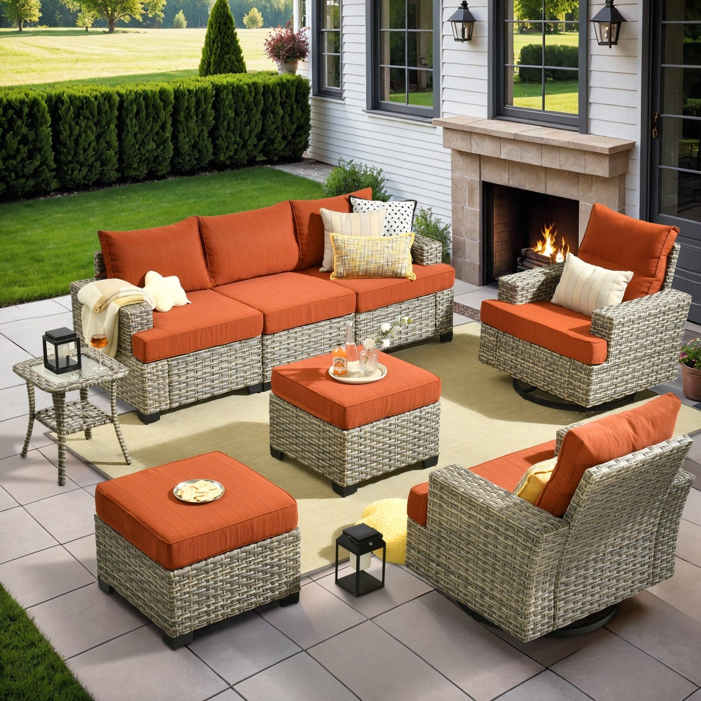 Set di mobili da giardino in vimini XIZZI da 8 pezzi con sedie girevoli