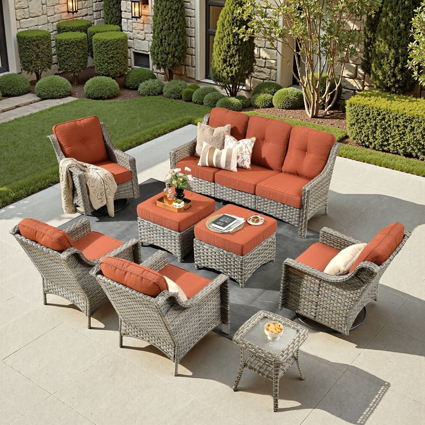 Set di mobili da giardino XIZZI da 8 pezzi, sedie girevoli per esterni in vimini