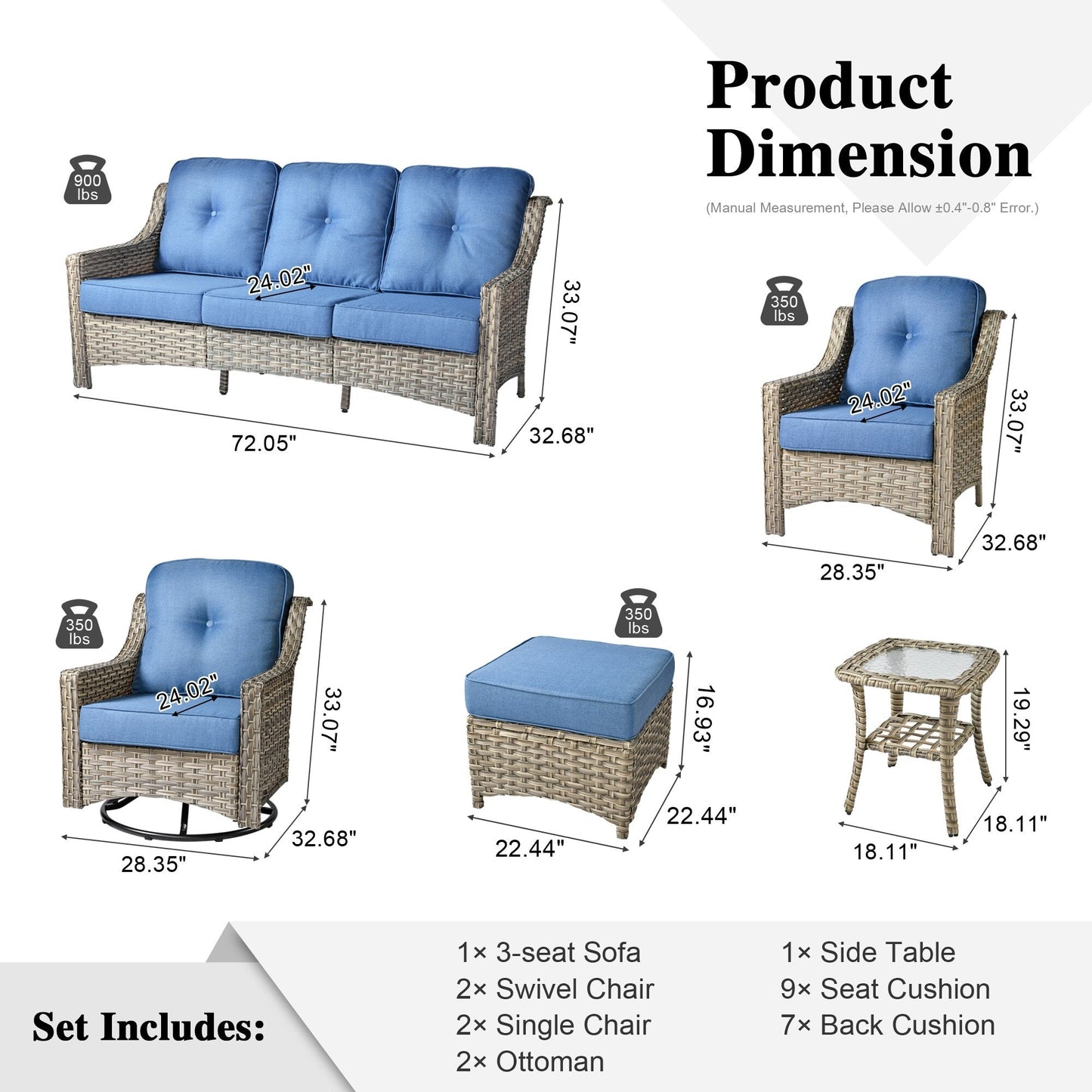 Set di mobili da giardino XIZZI da 8 pezzi, sedie girevoli per esterni in vimini