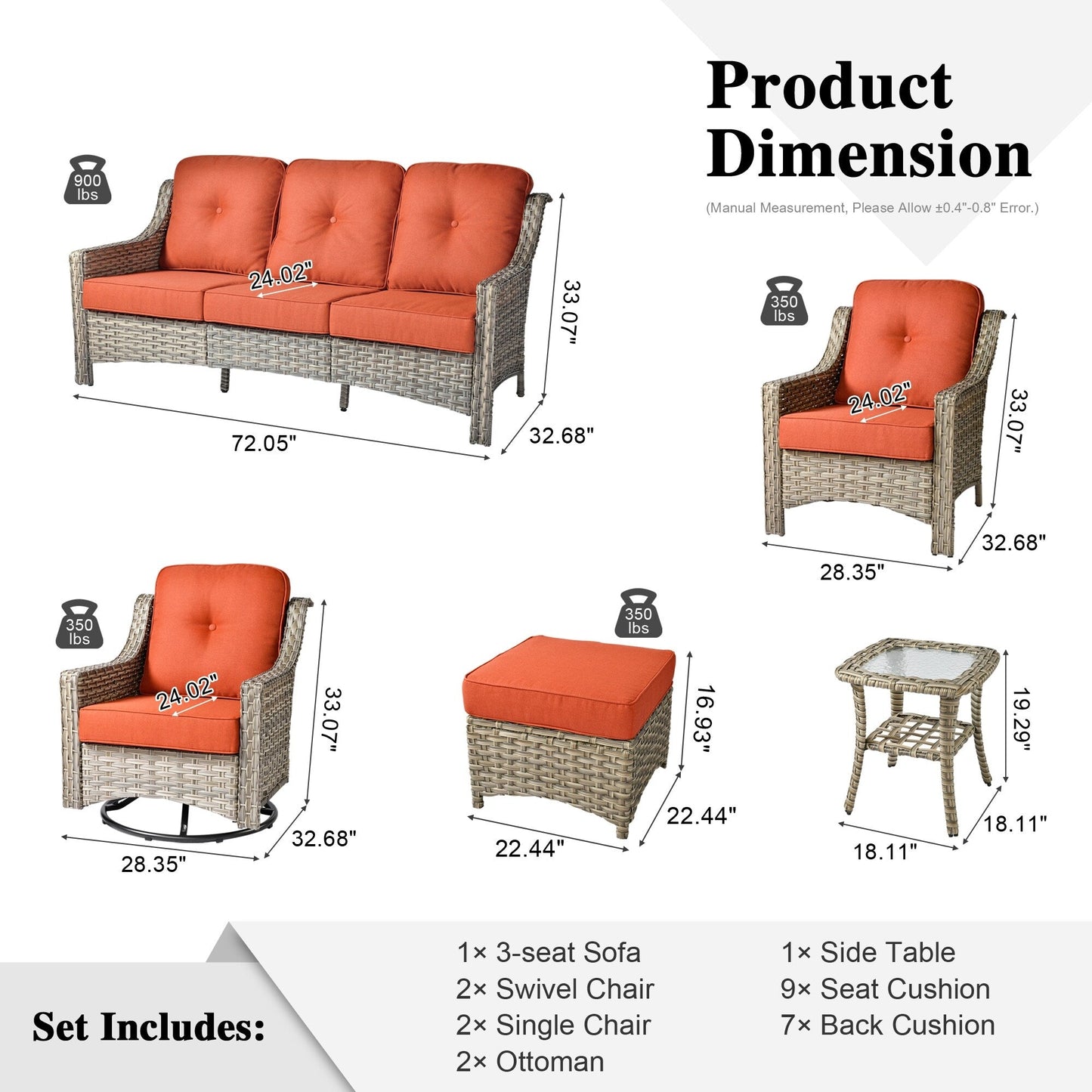 Set di mobili da giardino XIZZI da 8 pezzi, sedie girevoli per esterni in vimini
