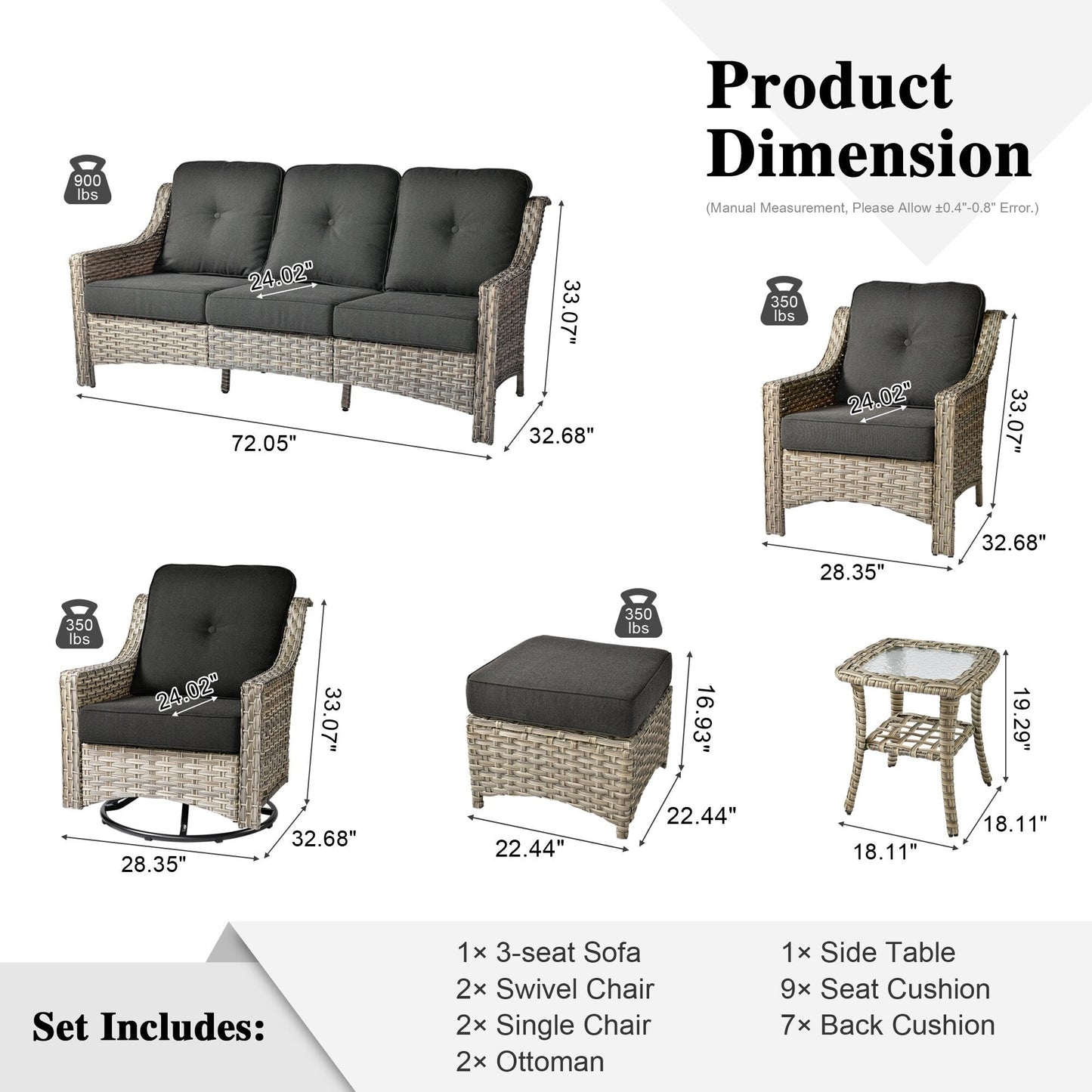 Set di mobili da giardino XIZZI da 8 pezzi, sedie girevoli per esterni in vimini